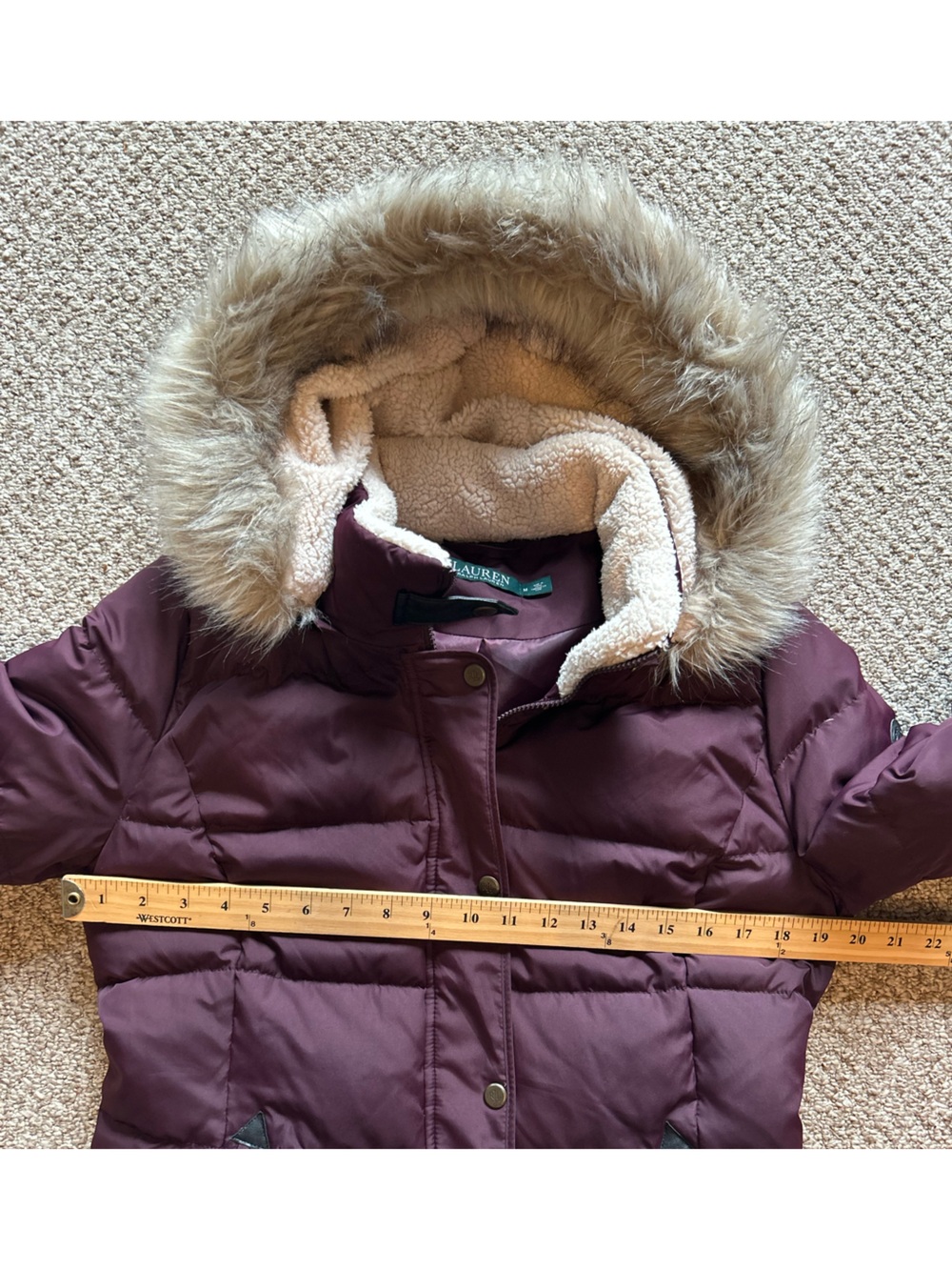 Ralph Lauren Women’s Down Fill Faux Fur Detachable Hood Purple Puff Jacket M - Picture 8 of 13